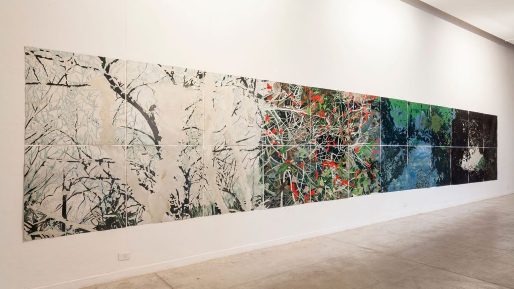Wilson’s Journey, 2015. Enamel on Metal Panels. 24 Panels 1m2 each, 2 H x 12 L m in total South America.